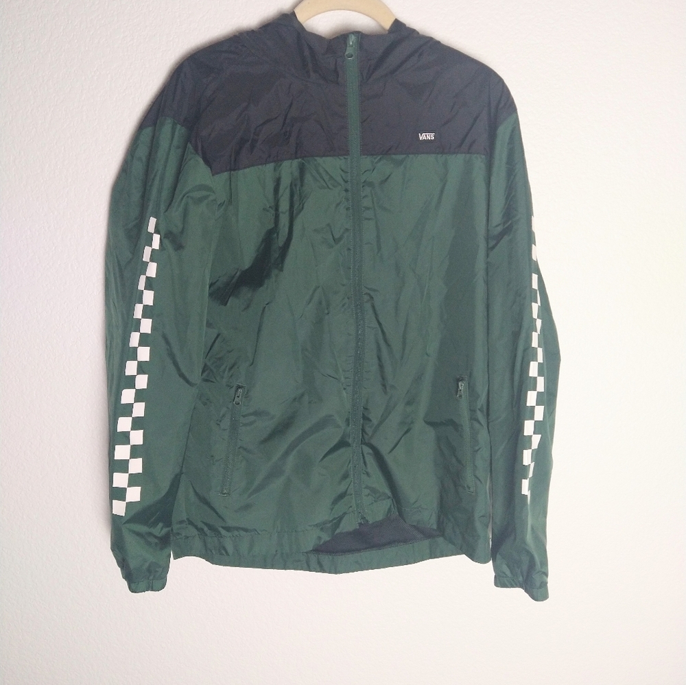 Vans Boys Green Black Windbreaker Jacket Size XL Zip Pockets Hood Skater Mesh